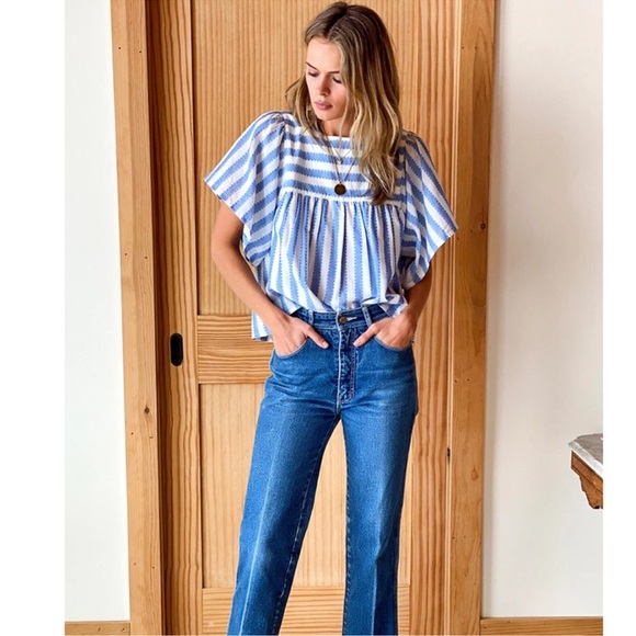 Emerson Fry Organic Cotton Striped Fluttery Sleeve Top Blouse Size M - Picture 2 of 10